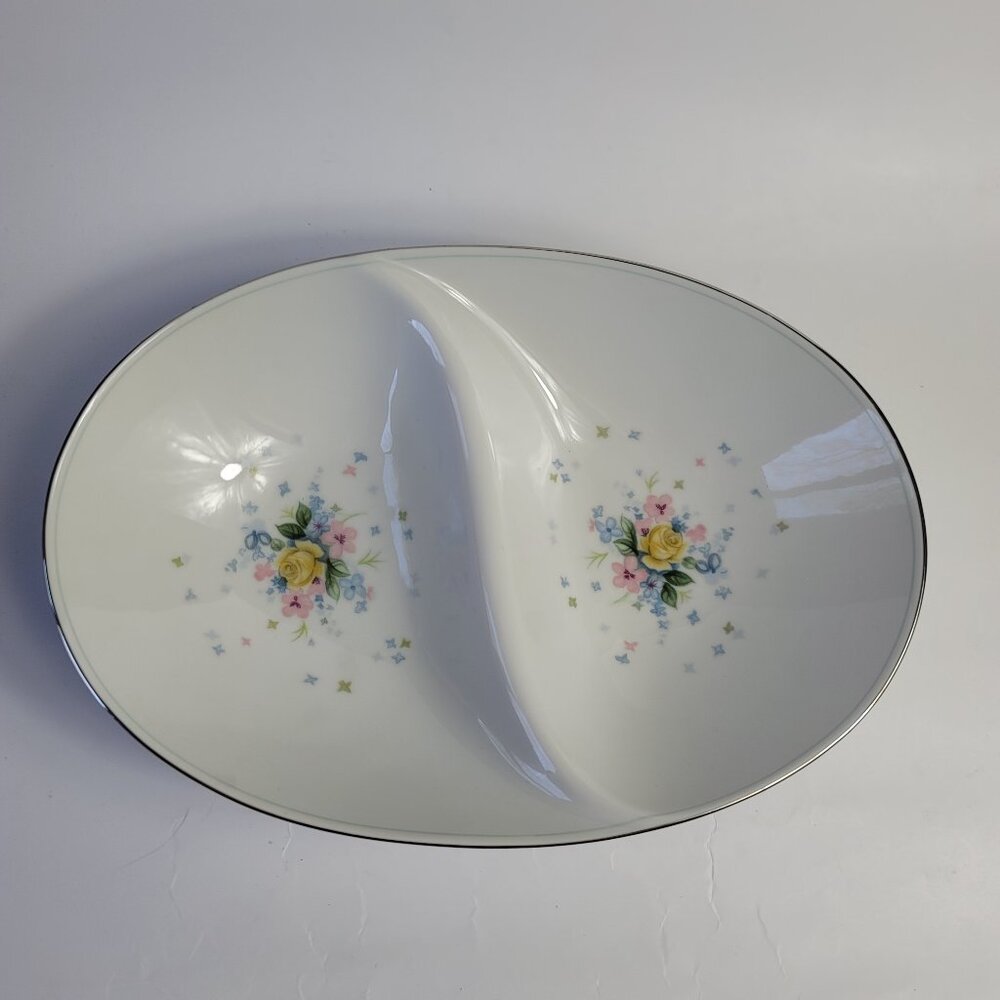 Sango Melanie Divided Serving Bowl White Yellow Pink and Blue Flowers 11 Inch